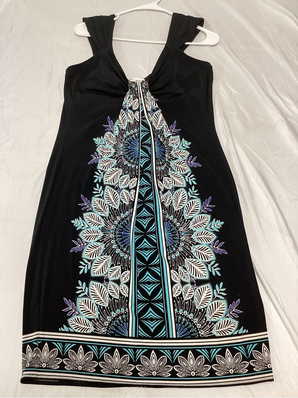 London Times Black Mini Dress with Teal, White & Purple Mandala Print